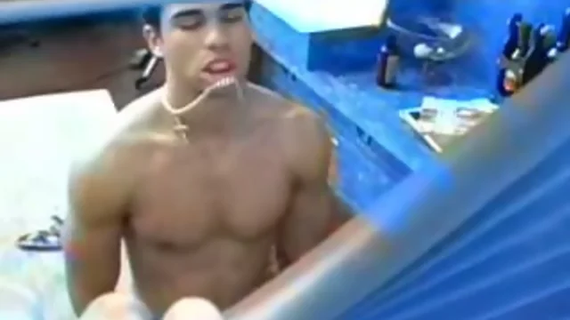 Aroused latino Jock masturbates, showers