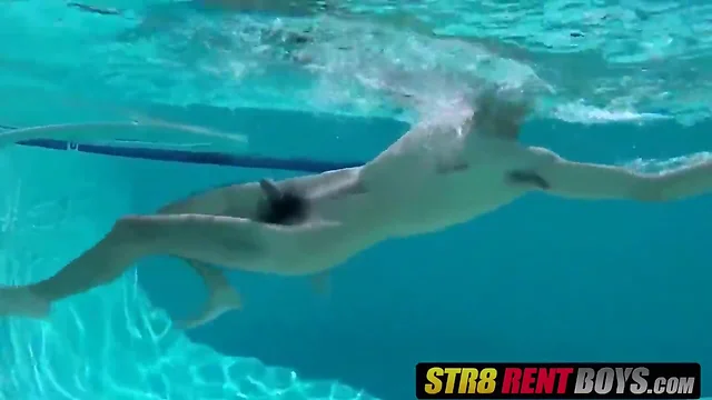 Hot pool swimming and penis masturbating with slim teenager