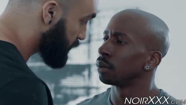 Muscly coalblack gay backside destroys hunky bearded white hunk