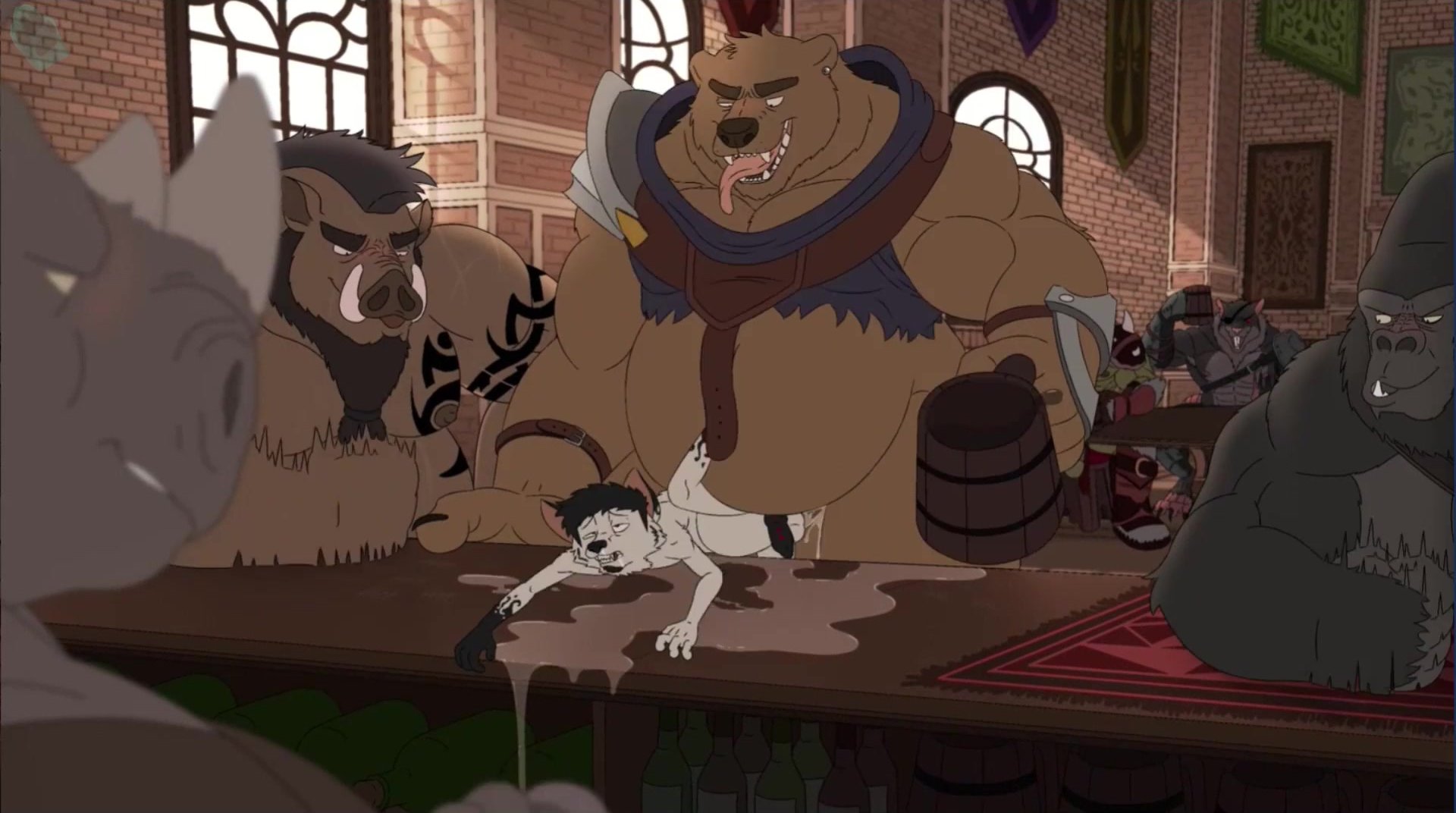 Two furry males in a close, affectionate embrace