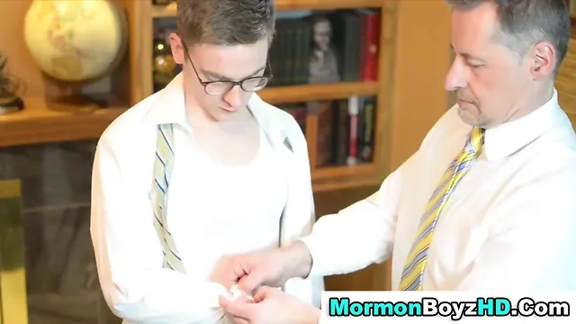 Shaved mormon elder tugs