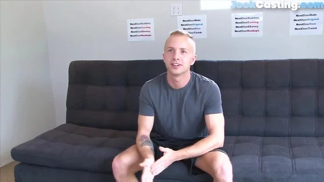 Muscled casted newbie tugging and spraying semen
