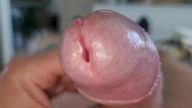Close-up uncut cock cumming: playing with crown, foreskin and pubic hair
