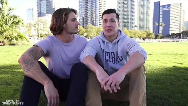 Gay anal sex: clark parker & tristan hunters first time big cock blowjob in sweatpants at tristan clark park