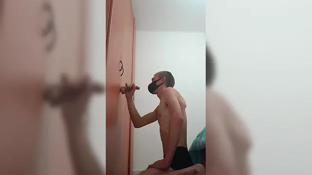 Blonde boy with dildo mask and panties
