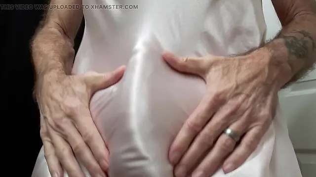 Amateur crossdresser pantyboy66 big cock cumming in wifes high waist panties and nightie cumshot jerk