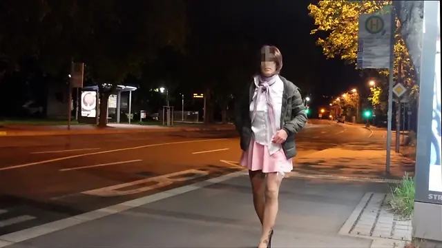 Crossdressers in big mini skirts and nylon pantyhose out in public