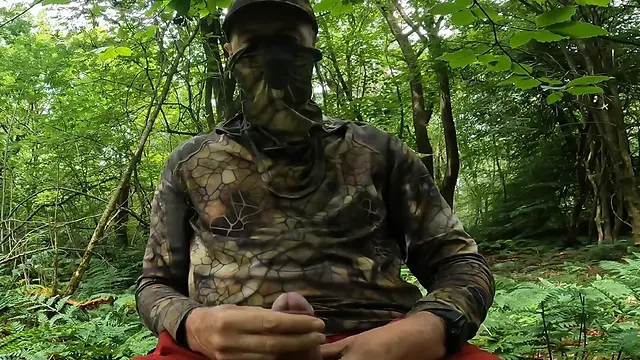 Amateur man wanking in the woods with big cock, cumming outdoors