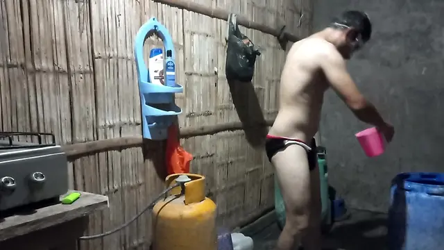 Naked kneeling slave in chastity cage feet joi