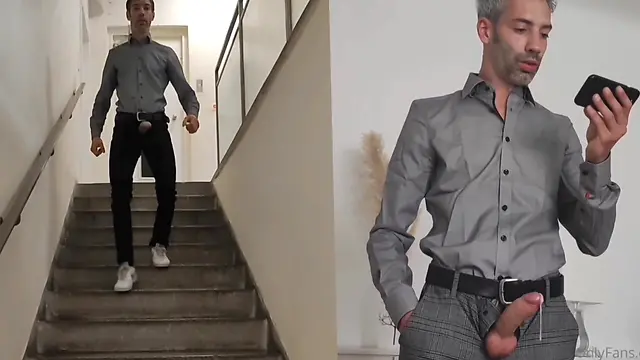 Big cock walking around naked in suit with hard-on and handsfree cumming