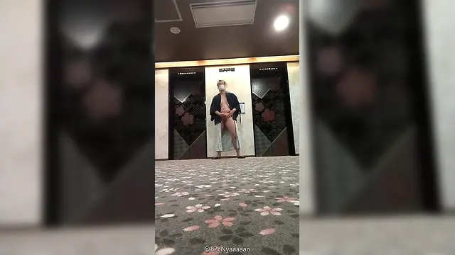 Naked cumshot in public hotel elevator