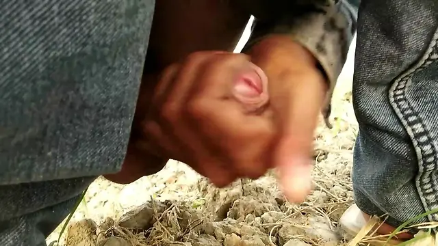 Outdoor handjob with big cock cumshot