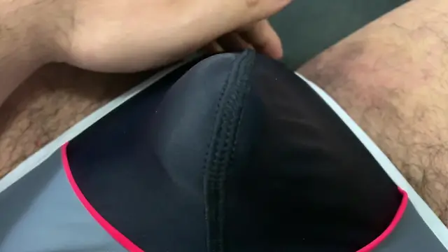 Man wearing too-tight jockstrap until climax in foreskin